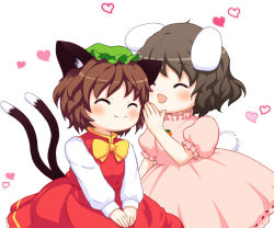 Rule 34 | 2girls, ^ ^, animal ears, bebeneko, bow, brown hair, carrot, cat ears, cat tail, chen, closed eyes, closed mouth, dress, green hat, hat, heart, inaba tewi, long sleeves, mob cap, multiple girls, multiple tails, nekomata, open mouth, pink dress, rabbit ears, rabbit tail, red dress, short hair, short sleeves, simple background, smile, tail, touhou, two tails, whispering, white background, yellow bow