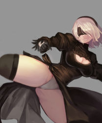 Rule 34 | 1girl, absurdres, bad id, bad pixiv id, black dress, blindfold, breasts, cleavage, dress, grey background, highres, large breasts, nier:automata, nier (series), panties, short hair, silver hair, simple background, solo, thighhighs, thighs, underwear, white panties, 2b (nier:automata), zlfnrk