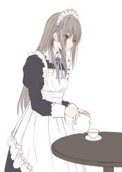 Rule 34 | 1girl, apron, black dress, blue ribbon, closed mouth, collared dress, cup, dress, eyes visible through hair, grey hair, hair between eyes, highres, holding, holding teapot, juliet sleeves, light smile, long hair, long sleeves, looking away, maid, maid apron, maid headdress, missile228, neck ribbon, original, puffy sleeves, red eyes, ribbon, saucer, simple background, solo, table, teacup, teapot, very long hair, white apron, white background