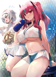 Rule 34 | 2girls, :d, anchor necklace, azur lane, bare shoulders, black hairband, blue sky, bottle, breasts, bremerton (azur lane), bremerton (scorching-hot training) (azur lane), chain-link fence, cheerleader, cleavage, commentary, covered erect nipples, crop top, crop top overhang, day, fence, grey hair, hair between eyes, hair ornament, hairband, headgear, heart, heart necklace, holding, holding bottle, holding pom poms, jewelry, large breasts, long hair, midriff, miniskirt, mole, mole under eye, mujinbensin, multicolored hair, multiple girls, navel, necklace, official alternate costume, open mouth, pom pom (cheerleading), pom poms, purple eyes, red eyes, red hair, reno (azur lane), reno (biggest little cheerleader) (azur lane), revision, see-through, see-through skirt, shirt, sitting, skirt, sky, sleeveless, sleeveless shirt, smile, sportswear, standing, stomach, streaked hair, sweat, tennis uniform, thighs, twintails, two-tone shirt, two-tone skirt, underboob, water bottle, white skirt, wristband, x hair ornament
