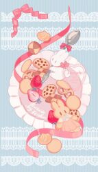 Rule 34 | animal-themed food, animal focus, artist name, artist request, blue background, bow, chocolate chip cookie, cookie, english text, food, food focus, frills, fruit, highres, holding, holding spoon, lace, no humans, original, oversized object, pink bow, pink ribbon, pretzel, rabbit, ribbon, sample watermark, simple background, spoon, strawberry, strawberry slice, third-party source, watermark