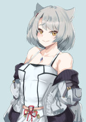 Rule 34 | 1girl, animal ears, bare shoulders, blue background, blush, breasts, camisole, cat ears, commentary request, grey hair, grey jacket, highres, jacket, johnny funamushi, looking at viewer, mio (xenoblade), off shoulder, open clothes, open jacket, partial commentary, short hair, simple background, small breasts, solo, spaghetti strap, upper body, xenoblade chronicles (series), xenoblade chronicles 3, yellow eyes