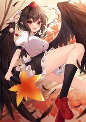 Rule 34 | 1girl, :d, absurdres, black hair, black wings, blurry, blurry background, blush, breasts, depth of field, feathered wings, feathers, geta, hat, hauchiwa, highres, large breasts, looking at viewer, medium hair, miy@, open mouth, pointy ears, pom pom (clothes), shameimaru aya, smile, solo, tengu-geta, tokin hat, touhou, wings