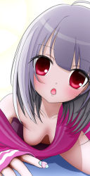 Rule 34 | 1girl, ahoge, aqua nails, blush, breasts, cleavage, downblouse, extended downblouse, fingernails, hanging breasts, heart, looking at viewer, lying, medium breasts, nail polish, no bra, off shoulder, on stomach, open mouth, original, purple hair, red eyes, shadow, short hair, single bare shoulder, solo, woeeepu