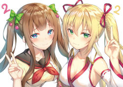 Rule 34 | .live, 2girls, :3, alexmaster, armpits, bare shoulders, black sailor collar, blonde hair, blue eyes, blush, breasts, brown hair, cleavage, closed mouth, collarbone, commentary request, detached sleeves, frills, green eyes, green ribbon, hair between eyes, hair ribbon, hand up, japanese clothes, kakyouin chieri, kongou iroha, long hair, long sleeves, looking at viewer, medium breasts, multiple girls, neckerchief, red neckerchief, red ribbon, revision, ribbon, sailor collar, sanpaku, shirt, side-by-side, sidelocks, simple background, smile, twintails, twintails day, upper body, v, virtual youtuber, white background, wide sleeves, wing collar, yellow shirt