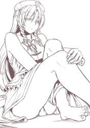 Rule 34 | 1girl, bare shoulders, barefoot, beret, bow, braid, chinese clothes, dress, feet, female focus, greyscale, hair bow, hand on own knee, hat, highres, hong meiling, kinntarou, knees up, long hair, monochrome, panties, pantyshot, simple background, sitting, sketch, sleeveless, sleeveless dress, smile, solo, star (symbol), touhou, twin braids, underwear, white background