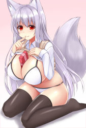 Rule 34 | 1girl, animal ears, bikini, black thighhighs, blush, box, breasts, closed mouth, clothes lift, collared shirt, finger to mouth, fox ears, fox girl, fox tail, full body, gift, gift box, gradient background, hand on own chest, highres, huge breasts, index finger raised, leaning forward, lifting own clothes, long hair, long sleeves, looking at viewer, original, red eyes, shiny skin, shirt, shirt lift, shushing, silver hair, sitting, smile, sogaya, solo, sweater, sweater lift, sweater vest, swimsuit, tail, tareme, thighhighs, valentine, very long hair, wariza, white bikini, white shirt, wing collar