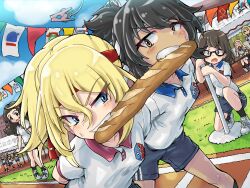 6+girls absurdres andou_(girls_und_panzer) arms_behind_back baguette bc_freedom_(emblem) black_eyes black_hair black_socks blonde_hair blue_eyes blue_shorts blue_sky bonple_(emblem) bread bread_eating_race cloud cloudy_sky commentary_request commission day double_vertical_stripe emblem food food_in_mouth frown girls_und_panzer glaring glasses gym_shirt gym_shorts highres koala_forest_(emblem) kuroneko_douji long_hair looking_at_another maginot_(emblem) marie_(girls_und_panzer) medium_hair mouth_hold multiple_girls on_one_knee ooarai_(emblem) oshida_(girls_und_panzer) outdoors partial_commentary pixiv_commission polo_shirt pravda_(emblem) print_shirt running running_track saunders_(emblem) semi-rimless_eyewear shirt shoes short_hair short_sleeves shorts sitting sky sneakers socks sofue_(girls_und_panzer) sports_festival standing string_of_flags sweatdrop textless_version under-rim_eyewear viking_fisheries_(emblem) white_footwear yogurt_(emblem)