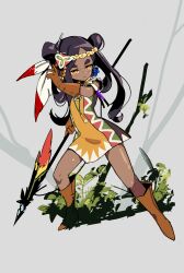 Rule 34 | 1girl, absurdres, beast king (sekaiju), beast king 5 (sekaiju), boots, brown gloves, dark-skinned female, dark skin, dress, etrian odyssey, feather hair ornament, feathers, fighting stance, flower, forehead, full body, gloves, hair flower, hair ornament, highres, holding, holding polearm, holding weapon, orange eyes, parted bangs, polearm, polilla, sekaiju no meikyuu, sekaiju no meikyuu 3, sekaiju no meikyuu hd, short dress, sleeveless, solo, spear, thick eyebrows, two side up, weapon