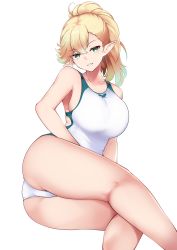 Rule 34 | 1girl, arm support, ass, blonde hair, breasts, green eyes, highres, large breasts, looking at viewer, lying, masaki nanaya, on side, original, pointy ears, ponytail, smile, solo, swimsuit, thighs, white background