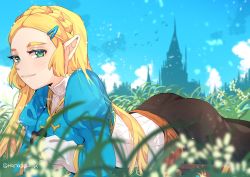 Rule 34 | 1girl, ass, bird, blonde hair, blue eyes, blush, braid, castle, cloud, eyelashes, female focus, flower, gloves, grass, hair ornament, hairclip, hanaberin, juliet sleeves, long hair, long sleeves, looking at viewer, lying, nintendo, on stomach, outdoors, pointy ears, princess zelda, puffy sleeves, sidelocks, sky, smile, solo, the legend of zelda, the legend of zelda: breath of the wild