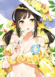 Rule 34 | 1girl, :o, absurdres, bare shoulders, bikini, black hair, blush, breasts, brown hair, cleavage, collarbone, food, fruit, green eyes, halterneck, hand up, hat, hat ornament, hat ribbon, highres, holding, holding food, innertube, large breasts, leaf, lemon, lemon slice, long hair, looking at viewer, low twintails, medium breasts, mika pikazo, multicolored eyes, nail polish, navel, off shoulder, open mouth, original, popsicle, ribbon, scan, scrunchie, sidelocks, solo, stomach, strawberry, sun hat, swim ring, swimsuit, twintails, upper body, white background, white hat, wrist scrunchie, yellow bikini, yellow eyes, yellow ribbon, yellow scrunchie