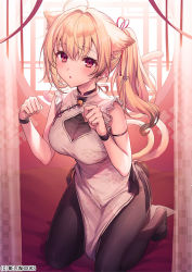 Rule 34 | 1girl, ahoge, animal ears, arm strap, bare shoulders, black footwear, black pantyhose, blonde hair, bodystocking, breasts, cat ears, cat girl, cat tail, cleavage cutout, clothing cutout, dress, extra ears, kneeling, komeshiro kasu, large breasts, long hair, looking at viewer, melonbooks, multiple tails, original, pantyhose, parted lips, paw pose, pelvic curtain, ponytail, red eyes, shoes, sleeveless, sleeveless dress, solo, tail, two tails, white dress, wristband