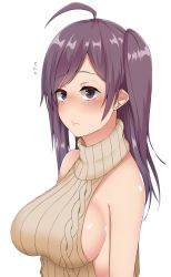 Rule 34 | 10s, 1girl, :/, ahoge, alternate costume, bare shoulders, beige sweater, blush, breasts, closed mouth, flying sweatdrops, hagikaze (kancolle), kamenoyou, kantai collection, long hair, looking at viewer, medium breasts, meme attire, no bra, nose blush, pink lips, purple eyes, purple hair, ribbed sweater, shiny skin, side ponytail, sideboob, simple background, sleeveless, sleeveless turtleneck, solo, straight hair, sweater, swept bangs, turtleneck, virgin killer sweater, white background