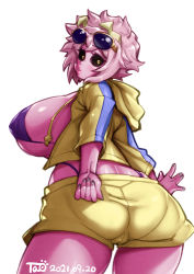 Rule 34 | 1girl, ashido mina, black sclera, boku no hero academia, breasts, colored sclera, colored skin, covered erect nipples, curvy, grin, horns, konakona, large breasts, looking at viewer, looking back, messy hair, pink hair, pink skin, short hair, smile, solo, standing, thick thighs, thighs, tongue, white background, yellow eyes