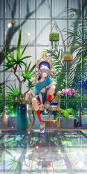 Rule 34 | 1girl, aqua shirt, arm on knee, between legs, bracelet, collarbone, digital media player, earbuds, earphones, flower, full body, green eyes, grey hair, hand between legs, hanging plant, highres, holding, indoors, jewelry, knee up, knees, luo tianyi, multicolored footwear, plant, potted plant, red socks, reflection, shirt, shoes, short sleeves, shorts, sitting, socks, solo, t-shirt, throne, tidsean, vocaloid