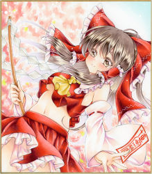 Rule 34 | 1girl, bare shoulders, blush, bow, brown eyes, brown hair, commentary request, cowboy shot, detached sleeves, gohei, graphite (medium), hair between eyes, hair bow, hair tubes, hakurei reimu, highres, holding, long hair, looking at viewer, marker (medium), navel, neckerchief, nekofish666, portrait, red bow, red shirt, red skirt, shirt, sidelocks, skirt, sleeveless, sleeveless shirt, smile, solo, talisman, touhou, traditional media, yellow neckerchief