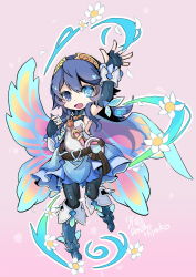 Rule 34 | 1girl, blue eyes, blue hair, butterfly wings, chibi, fire emblem, fire emblem awakening, fire emblem heroes, floating, flower, glowing, glowing eye, insect wings, looking at viewer, lucina (fire emblem), nintendo, official alternate costume, open hand, open mouth, petals, pink background, ryoto soukyuu, solo, tiara, wings