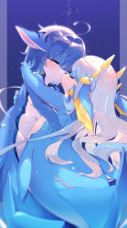 Rule 34 | 2girls, ahoge, animal ears, animal hands, arm up, blue hair, blue skin, blurry, blush, breasts, claws, closed eyes, colored skin, completely nude, depth of field, female focus, fins, fish tail, furry, furry female, furry with furry, highres, horns, hug, kishibe, kiss, long hair, mermaid, monster girl, multicolored skin, multiple girls, nude, original, pawpads, pink hair, purple background, shell hair ornament, shiny skin, short hair, simple background, small breasts, tail, two-tone skin, very long hair, white skin, yuri