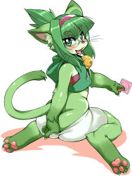 Rule 34 | 1girl, animal ears, bell, bike shorts, blunt bangs, blush, borrowed character, cat ears, cat girl, cat tail, claws, condom, cropped jacket, eyebrows, from behind, furry, furry female, glasses, green eyes, green hair, green theme, highres, holding, jingle bell, kikurage (crayon arts), looking at viewer, looking back, matching hair/eyes, midori (nakagami takashi), open mouth, original, simple background, sitting, sleeveless, smile, solo, tail, thick eyebrows, tongue, tongue out, wariza, whiskers, white background