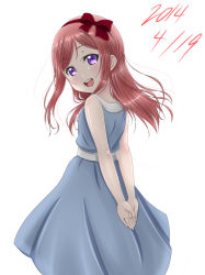 Rule 34 | 10s, 1girl, 2014, :d, aged down, arms behind back, bare shoulders, blush, bow, dated, dress, grey dress, hair bow, hair ribbon, long hair, looking at viewer, love live!, love live! school idol festival, love live! school idol project, nishikino maki, open mouth, purple eyes, red hair, ribbon, roaru (gyuren), simple background, smile, solo, sundress, white background