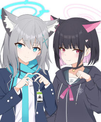 Rule 34 | 2girls, animal ears, black choker, black hair, black sweater, blue eyes, blue halo, blue jacket, blue scarf, bucho1182, cat ears, cat girl, choker, clenched hand, closed mouth, colored inner hair, double halo, drawstring, grey hair, halo, highres, hood, hood down, id card, index fingers together, jacket, kazusa (blue archive), long sleeves, medium hair, multicolored hair, multiple girls, pink hair, pink halo, pocket, red eyes, scarf, shiroko (blue archive), shirt, short hair, smile, sweater, upper body, white background, white shirt, wolf ears, wolf girl