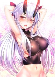 Rule 34 | 1girl, armpits, arms behind head, arms up, blush, breasts, cowboy shot, fate/grand order, fate (series), hair between eyes, hair ribbon, highres, horns, large breasts, long hair, looking at viewer, navel, oni horns, open mouth, red eyes, ribbon, sideboob, silly (marinkomoe), silver hair, solo, tomoe gozen (fate)