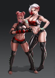 Rule 34 | 2girls, arm on another&#039;s shoulder, armlet, artist name, bandaged hand, bandaid, bandaid on face, bandaid on nose, bare shoulders, black choker, black footwear, black shorts, boots, boxing gloves, breasts, bubble (dandon fuga), blowing bubbles, character name, chewing gum, choker, cleavage, covered collarbone, crop top, dandon fuga, double bun, earrings, fishnets, gradient background, grey background, grey eyes, hair bun, hand on own hip, height difference, highres, jewelry, large breasts, latex, mole, mole under mouth, multicolored hair, multiple girls, navel, original, pink hair, red hair, red lips, rose (dandon fuga), shadow, shorts, single leg pantyhose, single thigh boot, spiked armlet, sports bra, stirrup legwear, thigh boots, toeless legwear, two-tone hair, two-tone shorts, two-tone sports bra, white hair, wrist wrap, wrist wrap, yellow eyes