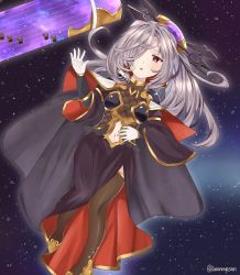 Rule 34 | 1girl, cape, gloves, granblue fantasy, hair ornament, hair over one eye, hair stick, harvin, harvin, highres, long hair, looking at viewer, navel, niyon (granblue fantasy), open mouth, pointy ears, ponytail, purple eyes, purple hair, solo, star (symbol), starry background, thighhighs