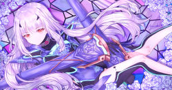 Rule 34 | 1girl, black gloves, blue flower, blue rose, melusine (fate), melusine (first ascension) (fate), fate/grand order, fate (series), flower, gloves, highres, long hair, lying, on back, orange eyes, purionpurion, rose, signature, thighhighs, white hair