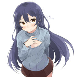 Rule 34 | 10s, 1girl, bad id, bad pixiv id, blue hair, blush, breast cutout, commentary request, from above, hair between eyes, hand on own chest, long hair, looking at viewer, love live!, love live! school idol project, parted lips, simple background, solo, sonoda umi, standing, sweater, totoki86, white background, yellow eyes