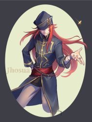Rule 34 | 1boy, character name, coin, fire emblem, fire emblem: the sacred stones, fire emblem heroes, glint, gloves, gold coin, hat, joshua (fire emblem), long hair, looking at viewer, male focus, nintendo, nishiki areku, one eye covered, red eyes, red hair, simple background, smile, solo