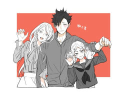 Rule 34 | 1boy, 2girls, age difference, arm grab, arms up, black hair, blouse, blush, border, bow, caya ky, cowboy shot, cropped legs, embarrassed, haiba arisa, haikyuu!!, hair ornament, hairclip, head on another&#039;s shoulder, height difference, jacket, kuroo tetsurou, locked arms, long hair, long sleeves, looking at viewer, monochrome, multiple girls, paw pose, puffy long sleeves, puffy sleeves, red background, sailor collar, school uniform, shirt, short hair, skirt, smile, standing, track jacket, twintails, yamamoto akane
