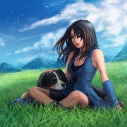 Rule 34 | 1girl, arm warmers, bird, black hair, blue sky, cloud, crossed ankles, day, dicesms, dog, final fantasy, final fantasy viii, long hair, multicolored hair, outdoors, rinoa heartilly, sitting, sky, solo, two-tone hair