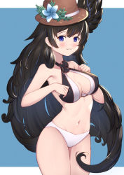Rule 34 | 1girl, armpits, bare shoulders, bikini, black hair, blue background, blue eyes, blush, breasts, brown hat, cleavage, closed mouth, curly hair, fang, fang out, feathered wings, female focus, flower, granblue fantasy, halterneck, hat, hat flower, head wings, highres, large breasts, long hair, looking at viewer, malluel (granblue fantasy), navel, simple background, smile, solo, standing, swimsuit, uneg, very long hair, wings