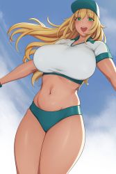 Rule 34 | 1girl, :d, atago (kancolle), blonde hair, blue sky, breasts, buruma, collared shirt, crop top, green eyes, hat, highres, kantai collection, large breasts, lvl (sentrythe2310), navel, open mouth, peaked cap, shirt, short sleeves, skindentation, sky, smile, standing, stomach, thighs, white shirt