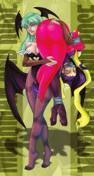 Rule 34 | 1990s (style), 2girls, ahoge, aqua eyes, aqua hair, arms behind back, ass, ass grab, bare shoulders, bat wings, bdsm, bondage, bound, bound ankles, bound arms, breasts, bridal gauntlets, capcom, carrying, carrying over shoulder, cleavage, crossed legs, crossover, demon girl, duct tape, elbow gloves, gagged, gloves, green eyes, green hair, head wings, highres, kidnapped, crossed legs, leotard, long hair, morrigan aensland, multiple girls, no shoes, pantyhose, patricia segovia, purple hair, retro artstyle, rose (street fighter), scarf, shoulder carry, small breasts, standing, street fighter, street fighter iv (series), street fighter zero (series), tiptoes, vampire (game), watson cross, wings, you gonna get raped