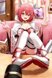 Rule 34 | 1girl, absurdres, boots, double v, drawing (object), feet on table, hair between eyes, highres, hololive, indoors, microphone, official alternate costume, sakura miko, sakura miko (work), sitting, solo, thigh boots, toi1et paper, v, virtual youtuber, white footwear
