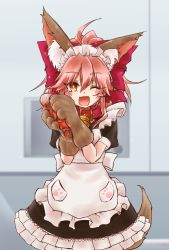 Rule 34 | 1girl, animal ears, animal hands, apron, bell, blush stickers, collar, fang, fate/grand order, fate (series), fox ears, fox tail, gloves, hair ribbon, highres, ketchup, long hair, looking at viewer, maid apron, maid headdress, neck bell, one eye closed, open mouth, paw gloves, pink hair, ribbon, solo, tail, takuan lte, tamamo (fate), tamamo cat (fate), tamamo cat (second ascension) (fate), tamamo no mae (fate/extra), yellow eyes