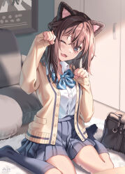 Rule 34 | 1girl, animal ears, bag, black socks, blue bow, blue bowtie, blue eyes, bow, bowtie, cardigan, cat ears, collared shirt, commentary request, diagonal-striped bow, diagonal-striped bowtie, diagonal-striped clothes, fake animal ears, grey skirt, hands up, highres, indoors, kneehighs, long hair, long sleeves, morigami (morigami no yashiro), one eye closed, open cardigan, open clothes, original, school bag, school uniform, shirt, sitting, skirt, socks, solo, striped clothes, white shirt, yellow cardigan