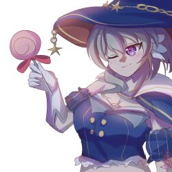 1girl ;) arm_at_side artist_name assault_lily blue_cape blue_hat blush breasts buttons candy cape cleavage closed_mouth commentary crop_top detached_sleeves elbow_gloves food gloves grey_hair h_ans_(hmn_anz) halloween_costume hand_up hashtag-only_commentary hat hat_ornament hata_matsuri highres holding holding_candy holding_food holding_lollipop large_breasts lollipop long_hair looking_at_viewer midriff o-ring o-ring_top official_alternate_costume official_alternate_hairstyle one_eye_closed puffy_detached_sleeves puffy_sleeves purple_eyes shirt short_sleeves side_cape signature simple_background smile solo star_(symbol) star_hat_ornament striped_clothes striped_shirt symbol-only_commentary upper_body white_background white_gloves white_shirt witch_hat