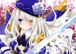 Rule 34 | 1girl, ascot, bad id, bad pixiv id, beret, blue hat, blue jacket, brooch, center frills, cherry blossoms, commentary request, epaulettes, eyes visible through hair, floral print, frills, hair between eyes, hair over one eye, hat, holding, holding sword, holding weapon, jacket, jewelry, long hair, long sleeves, military jacket, nanase nao, original, print headwear, purple ascot, rose print, solo, sword, very long hair, weapon, white hair