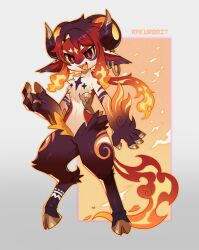 Rule 34 | absurdres, animal, animal ears, fiery tail, fire, furry, goat, goat ears, goat horns, highres, horns, open mouth, original, red hair, sibin, tail, yellow eyes