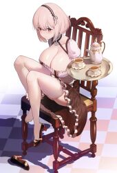 Rule 34 | 1girl, alternate hair color, anchor collar, azur lane, black dress, black footwear, black hairband, blush, bob cut, breasts, checkered floor, cleavage, closed mouth, collarbone, commentary, cup, dress, frilled dress, frills, hair between eyes, hairband, hand on own leg, high heels, highres, holding, holding tray, huge breasts, knees up, lom (lom lom 8), looking ahead, medium hair, nose, on chair, pink hair, plate, red eyes, ribbon-trimmed hairband, shadow, shoes, short sleeves, single shoe, sirius (azur lane), sitting, solo, tea, teacup, teapot, thighhighs, thighs, toes, tray, two-tone dress, unworn footwear, white background, white dress, white thighhighs, wooden chair