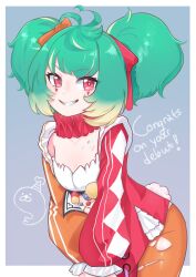Rule 34 | 1girl, breasts, clown, coni confetti, dme1, english text, green hair, highres, idol corp, looking at viewer, messy hair, red eyes, small breasts, twintails, virtual youtuber