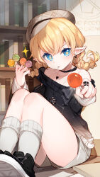 Rule 34 | 1girl, between fingers, bison cangshu, black choker, black footwear, black shirt, blonde hair, blue eyes, braid, brown hat, candy, choker, commentary, english text, food, grey shorts, hat, highres, holding, holding candy, holding food, holding lollipop, lollipop, long hair, off-shoulder shirt, off shoulder, original, pointy ears, shirt, shoes, shorts, socks, solo, star-shaped pupils, star (symbol), symbol-only commentary, symbol-shaped pupils, twin braids, white socks