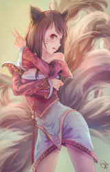 Rule 34 | 1girl, ahri (league of legends), animal ears, female focus, fox ears, fox tail, gradient background, highres, jay xu, league of legends, long hair, solo, tail, traditional youkai