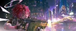 Rule 34 | 1girl, arknights, assault rifle, black gloves, building, character name, cityscape, detached wings, energy wings, exusiai (arknights), fingerless gloves, firing, gloves, gun, halo, highres, jacket, kriss vector, messy hair, night, orange eyes, outdoors, penguin logistics logo, red hair, rifle, scenery, shell casing, short hair, short sleeves, skyscraper, smile, solo, suan jian zhong he, submachine gun, upper body, weapon, white jacket, wings
