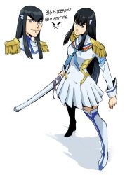 Rule 34 | 1girl, black hair, blue eyes, boots, dress, english text, eyebrows, franmm127, hair between eyes, highres, holding, holding sword, holding weapon, kill la kill, kiryuuin satsuki, long hair, long sleeves, sleeves past elbows, smile, standing, sword, thigh boots, thighhighs, weapon, white background, white dress, white thighhighs