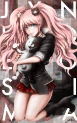 Rule 34 | 1girl, artist name, text background, bear hair ornament, black footwear, black shirt, blonde hair, blue eyes, boots, calf boots, collared shirt, danganronpa: trigger happy havoc, danganronpa (series), ears, english text, enoshima junko, eyebrows, eyelashes, full body, hair ornament, high heel boots, high heels, highres, holding, holding stuffed toy, holding stuffed animal, holding stuffed toy, kneeling, long hair, looking at viewer, miniskirt, monokuma, nose, pink lips, plaid, plaid skirt, pleated skirt, red skirt, shirt, signature, skirt, sleeves rolled up, smile, stuffed animal, stuffed toy, teddy bear, thighs, thighs together, twintails, zerusu (gelus)